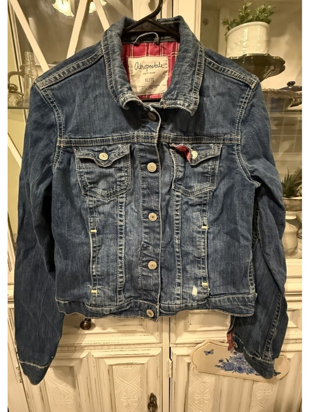 Y2K Trucker Jean Jacket Aeropostale Juniors Size XLG With Pink Plaid
